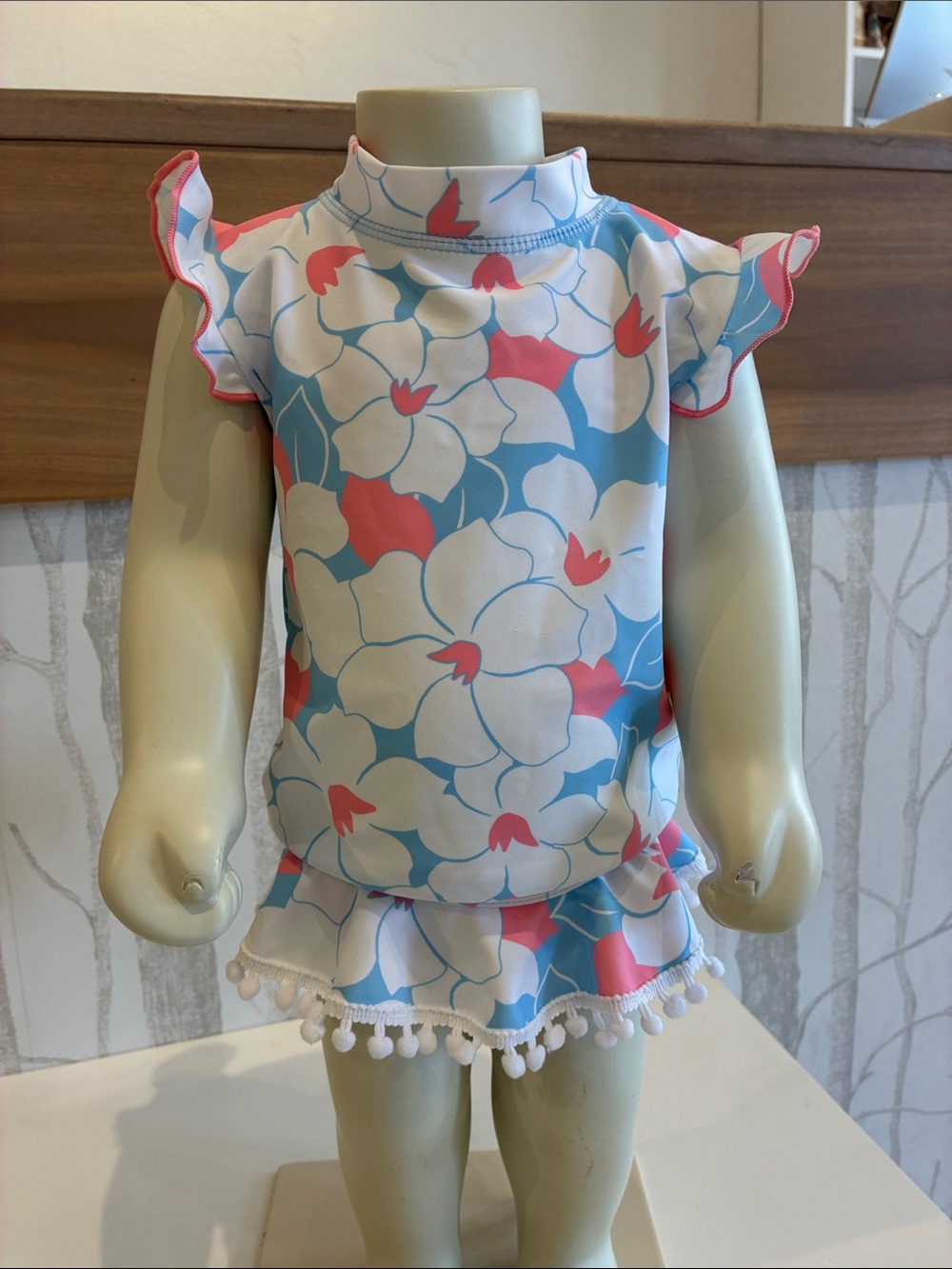 Crystal blue seashell short sleeve baby ruffle swim set
